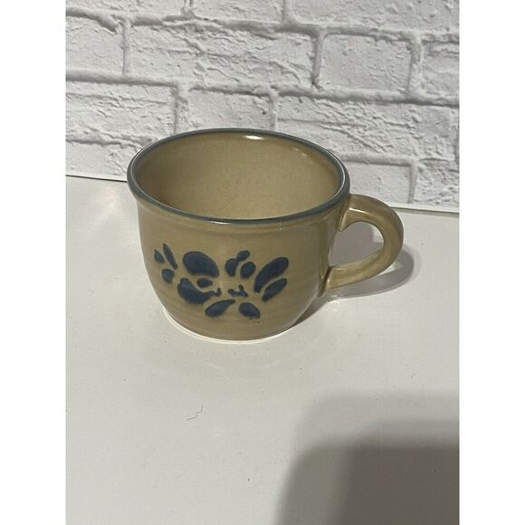 Pfaltzgraff Folk Art Stoneware Bowl Tan Blue Floral Primitive Country 6.25” - Picture 2 of 15